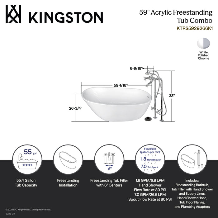 Kingston Tulare KTRS5929266K1 - Arcticstone 59-Inch Acrylic Oval Single Slipper Freestanding Tub with Faucet Combo and Drain, Glossy White/Polished Chrome