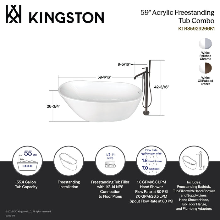Kingston Sona KTRS592928A5 - Aqua Eden 59-Inch Acrylic Oval Single Slipper Freestanding Tub with Faucet Combo and Drain, Glossy White/Oil Rubbed Bronze
