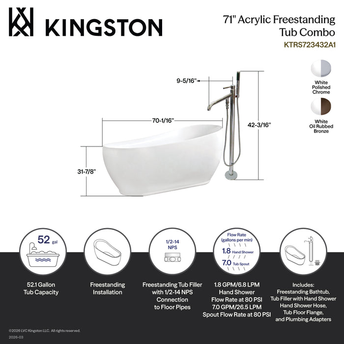 Kingston Sona KTRS723432A1 - Aqua Eden 71-Inch Acrylic Oval Single Slipper Freestanding Tub with Faucet Combo and Drain, Glossy White/Polished Chrome