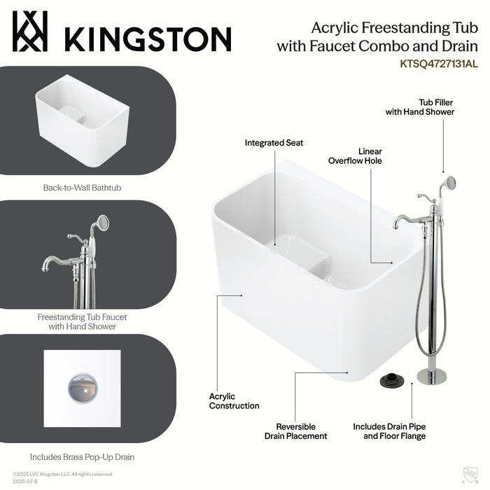 Aqua Eden KTSQ4727131AL 47-Inch Acrylic Rectangular Back-to-Wall Freestanding Tub with Faucet and Drain, Glossy White/Polished Chrome