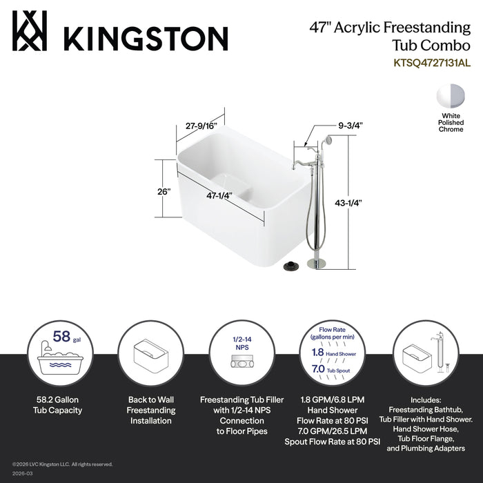 Kingston Tulare KTSQ4727131AL - Aqua Eden 47-Inch Acrylic Rectangular Back-to-Wall Freestanding Tub with Faucet and Drain, Glossy White/Polished Chrome