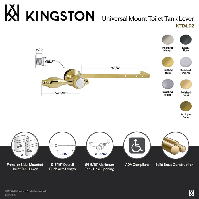 Kingston Heirloom KTTALD2 - Tudor Universal Front or Side Mount Toilet Tank Lever, Polished Brass