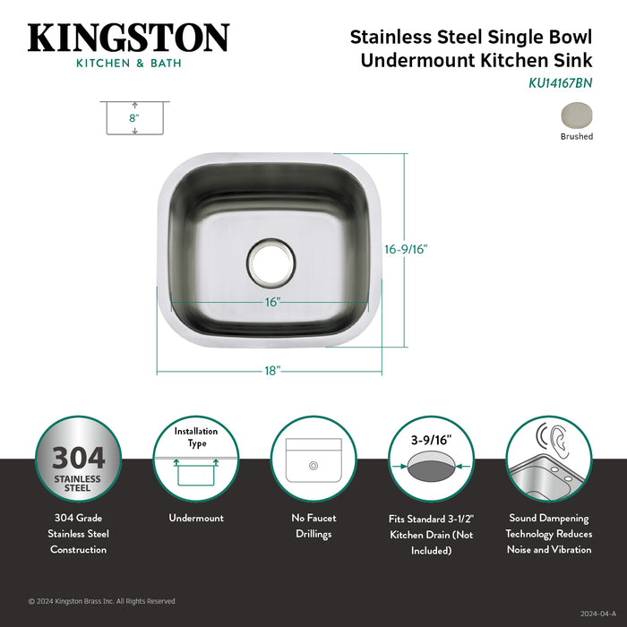 Kingston Country KU14167BN 18-Inch Stainless Steel Single Bowl Undermount Kitchen Sink, Brushed
