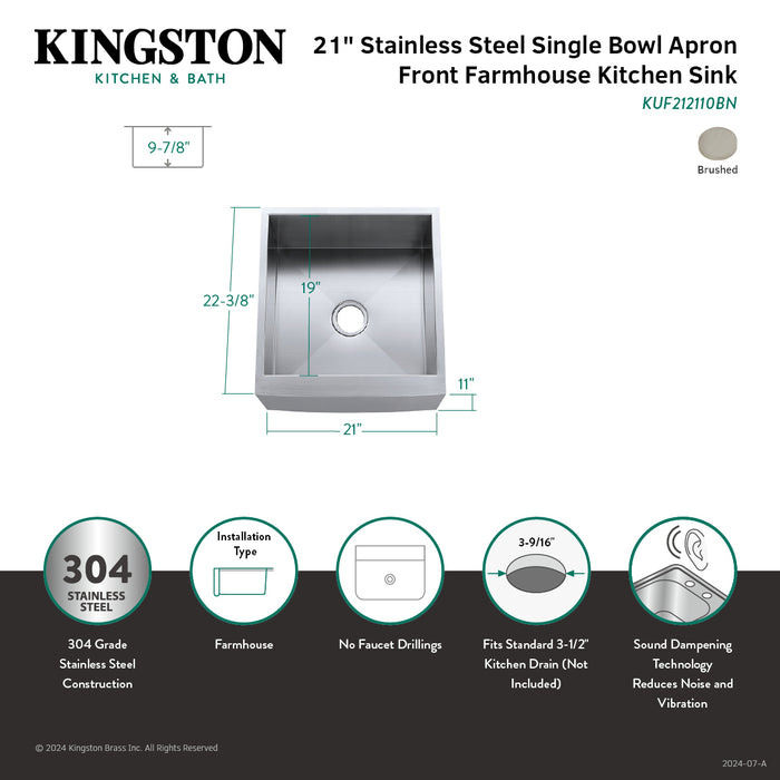 Kingston Sona KUF212110BN - Denver 21-Inch Stainless Steel Apron-Front Single Bowl Farmhouse Kitchen Sink, Brushed Stainless Steel
