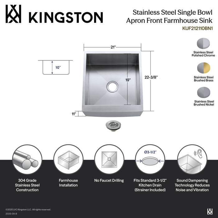 Kingston Sona KUF212110BN7 - Denver 21-Inch Stainless Steel Single Bowl Farmhouse Sink with Strainer, Brushed Stainless Steel/Brushed Brass