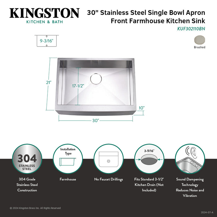 Kingston Sona KUF302110BN - Denver 30-Inch Stainless Steel Apron-Front Single Bowl Farmhouse Kitchen Sink, Brushed Stainless Steel