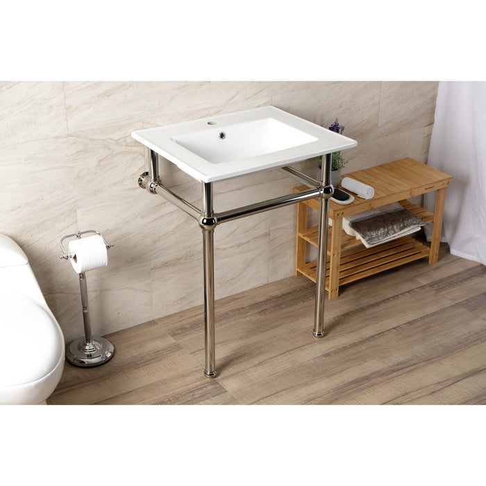 Kingston Heirloom KVBH252276 - Templeton 25-Inch Ceramic Console Sink with Brass Legs (1-Hole), White/Polished Nickel