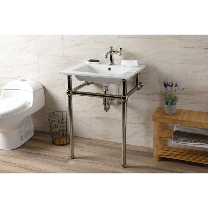 Kingston Heirloom KVBH252276 - Templeton 25-Inch Ceramic Console Sink with Brass Legs (1-Hole), White/Polished Nickel