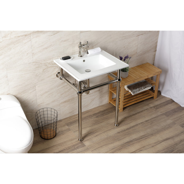 Kingston Heirloom KVBH252276 - Templeton 25-Inch Ceramic Console Sink with Brass Legs (1-Hole), White/Polished Nickel