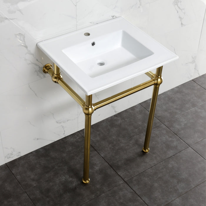 Kingston Heirloom KVBH252277 - Templeton 25-Inch Ceramic Console Sink with Brass Legs (1-Hole), White/Brushed Brass