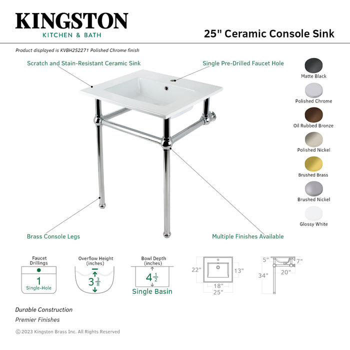 Kingston Heirloom KVBH252278 - Templeton 25-Inch Ceramic Console Sink with Brass Legs (1-Hole), White/Brushed Nickel