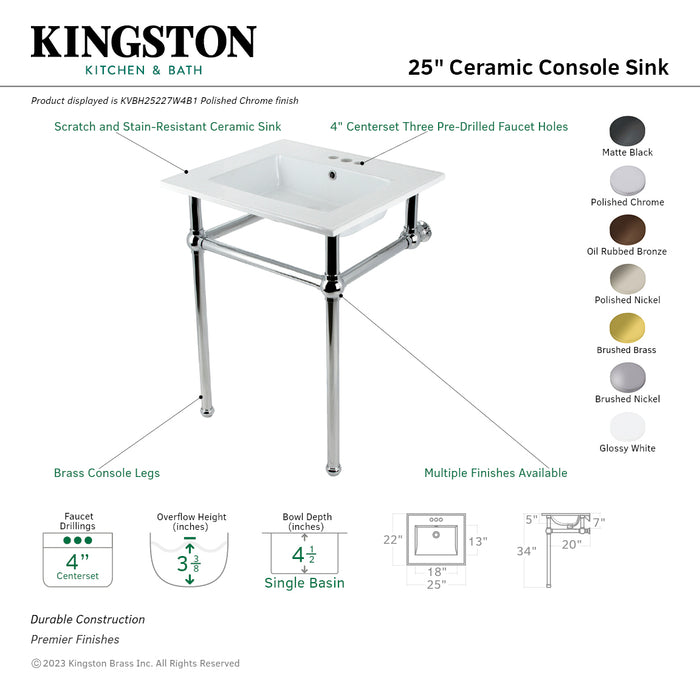 Kingston Heirloom KVBH25227W4B7 - Templeton 25-Inch Ceramic Console Sink with Brass Legs (4-Inch, 3-Hole), White/Brushed Brass