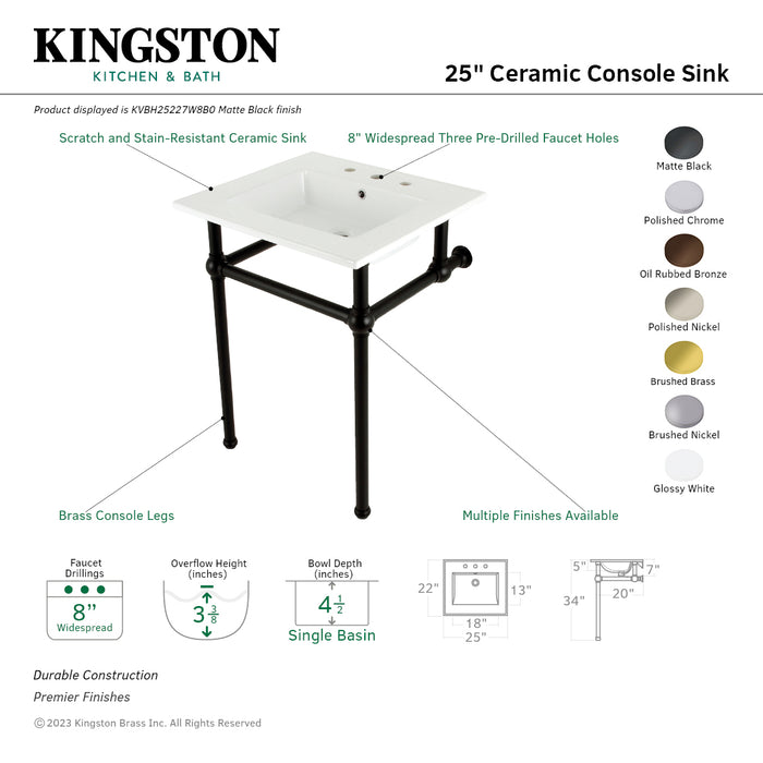 Kingston Heirloom KVBH25227W8B0 - Templeton 25-Inch Ceramic Console Sink with Brass Legs (8-Inch, 3-Hole), White/Matte Black