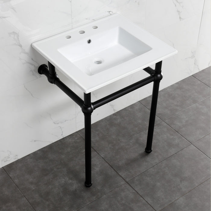 Kingston Heirloom KVBH25227W8B0 - Templeton 25-Inch Ceramic Console Sink with Brass Legs (8-Inch, 3-Hole), White/Matte Black