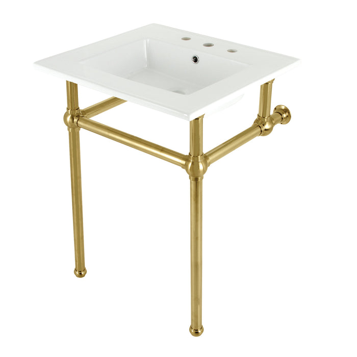 Kingston Heirloom KVBH25227W8B7 - Templeton 25-Inch Ceramic Console Sink with Brass Legs (8-Inch, 3-Hole), White/Brushed Brass