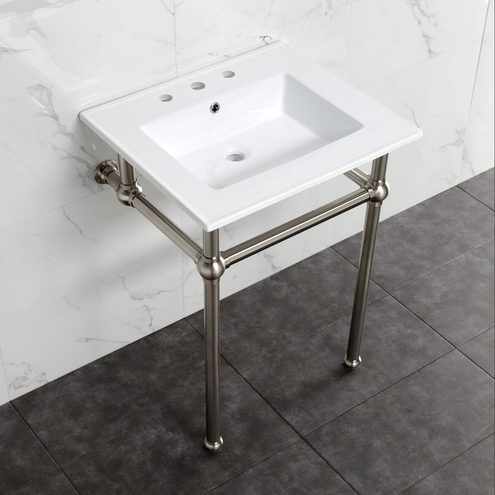 Kingston Heirloom KVBH25227W8B8 - Templeton 25-Inch Ceramic Console Sink with Brass Legs (8-Inch, 3-Hole), White/Brushed Nickel