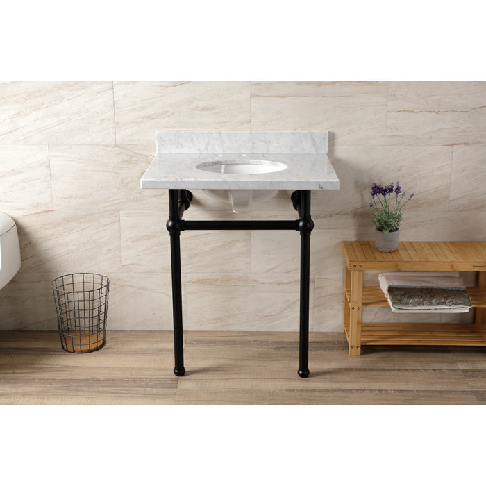 Kingston Heirloom KVBH3022M80 - Templeton 30-Inch Carrara Marble Console Sink with Brass Legs (8-Inch, 3-Hole), Carrara Marble White/Matte Black