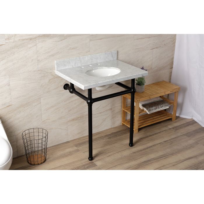 Kingston Heirloom KVBH3022M80 - Templeton 30-Inch Carrara Marble Console Sink with Brass Legs (8-Inch, 3-Hole), Carrara Marble White/Matte Black