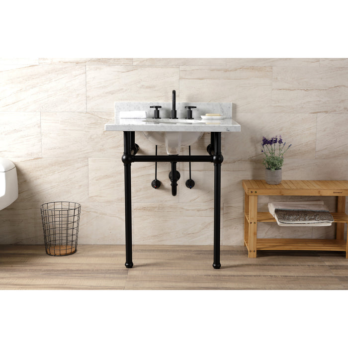 Kingston Heirloom KVBH3022M80 - Templeton 30-Inch Carrara Marble Console Sink with Brass Legs (8-Inch, 3-Hole), Carrara Marble White/Matte Black