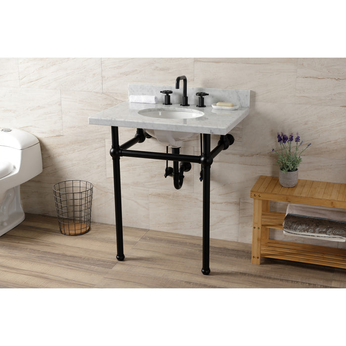 Kingston Heirloom KVBH3022M80 - Templeton 30-Inch Carrara Marble Console Sink with Brass Legs (8-Inch, 3-Hole), Carrara Marble White/Matte Black