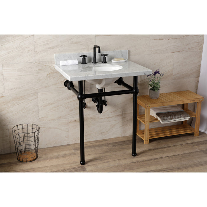 Kingston Heirloom KVBH3022M80 - Templeton 30-Inch Carrara Marble Console Sink with Brass Legs (8-Inch, 3-Hole), Carrara Marble White/Matte Black