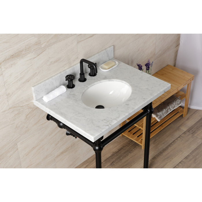 Kingston Heirloom KVBH3022M80 - Templeton 30-Inch Carrara Marble Console Sink with Brass Legs (8-Inch, 3-Hole), Carrara Marble White/Matte Black