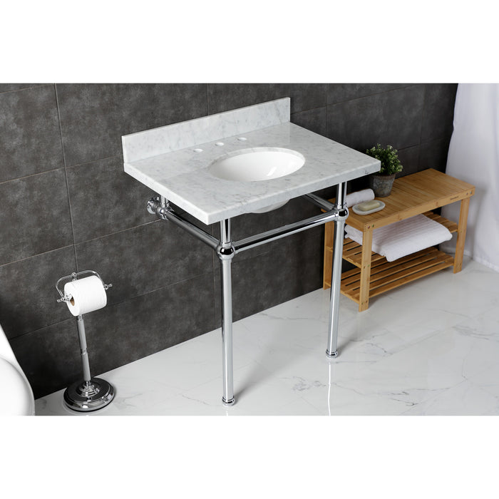 Kingston Heirloom KVBH3022M81 - Templeton 30-Inch Carrara Marble Console Sink with Brass Legs (8-Inch, 3-Hole), Carrara Marble White/Polished Chrome