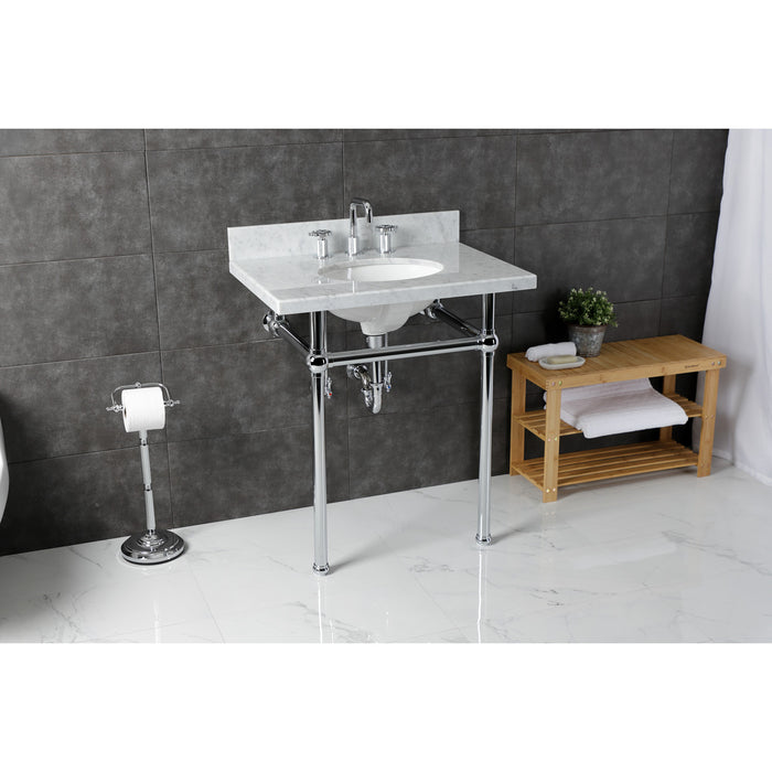 Kingston Heirloom KVBH3022M81 - Templeton 30-Inch Carrara Marble Console Sink with Brass Legs (8-Inch, 3-Hole), Carrara Marble White/Polished Chrome
