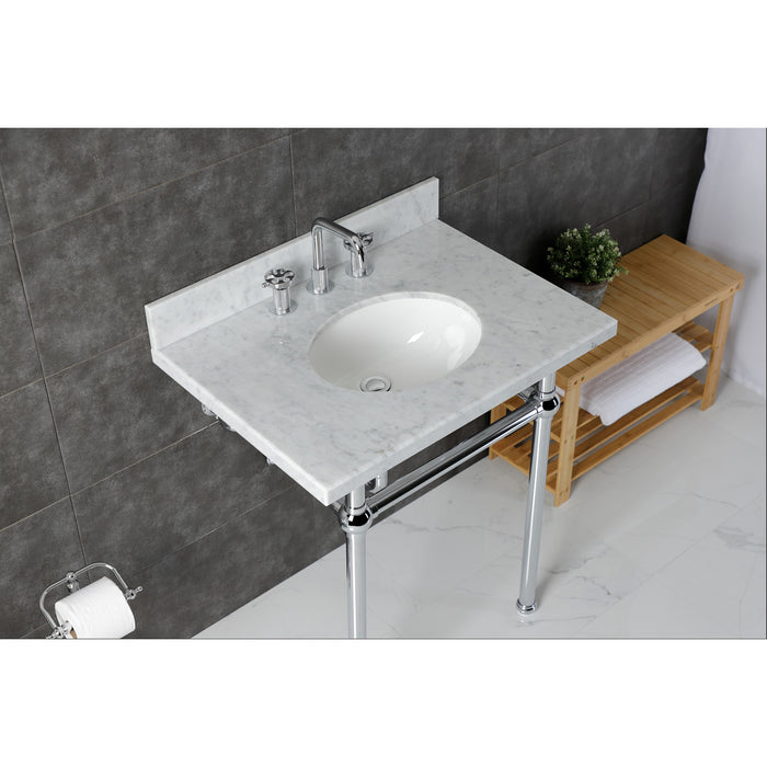 Kingston Heirloom KVBH3022M81 - Templeton 30-Inch Carrara Marble Console Sink with Brass Legs (8-Inch, 3-Hole), Carrara Marble White/Polished Chrome