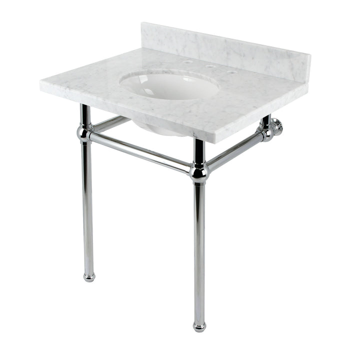 Kingston Heirloom KVBH3022M81 - Templeton 30-Inch Carrara Marble Console Sink with Brass Legs (8-Inch, 3-Hole), Carrara Marble White/Polished Chrome