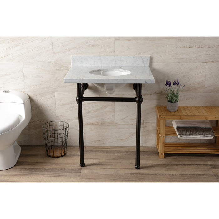Kingston Heirloom KVBH3022M85 - Templeton 30-Inch Carrara Marble Console Sink with Brass Legs (8-Inch, 3-Hole), Carrara Marble White/Oil Rubbed Bronze
