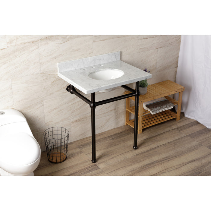 Kingston Heirloom KVBH3022M85 - Templeton 30-Inch Carrara Marble Console Sink with Brass Legs (8-Inch, 3-Hole), Carrara Marble White/Oil Rubbed Bronze