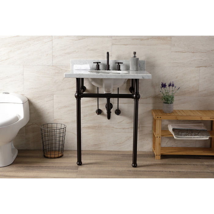 Kingston Heirloom KVBH3022M85 - Templeton 30-Inch Carrara Marble Console Sink with Brass Legs (8-Inch, 3-Hole), Carrara Marble White/Oil Rubbed Bronze