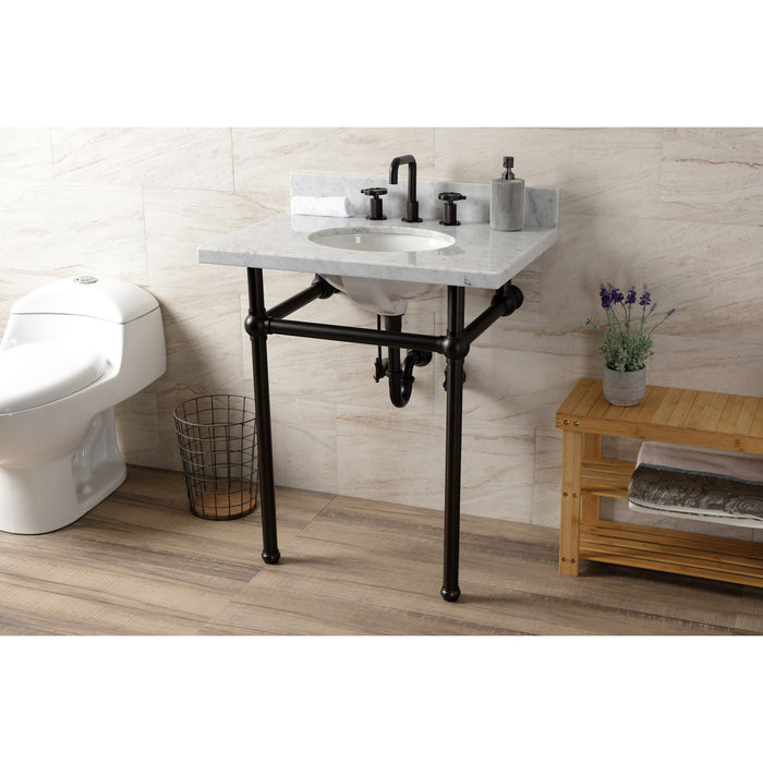 Kingston Heirloom KVBH3022M85 - Templeton 30-Inch Carrara Marble Console Sink with Brass Legs (8-Inch, 3-Hole), Carrara Marble White/Oil Rubbed Bronze