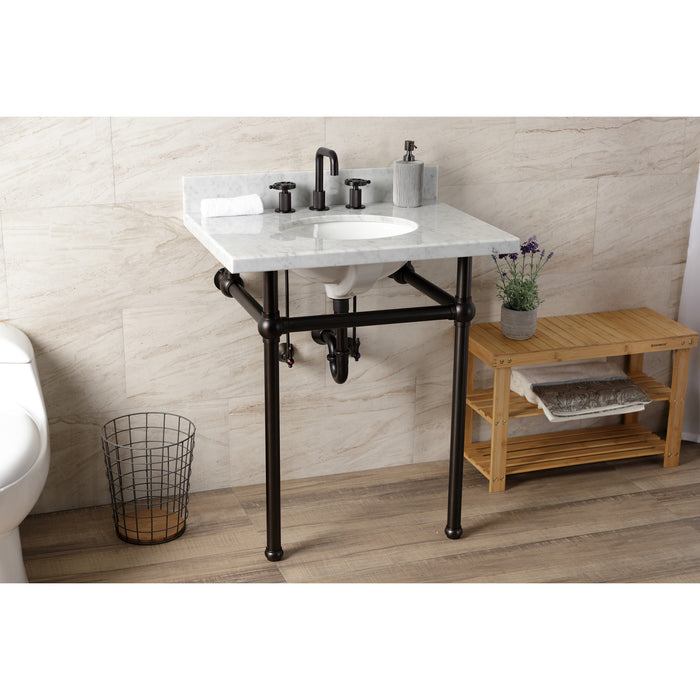 Kingston Heirloom KVBH3022M85 - Templeton 30-Inch Carrara Marble Console Sink with Brass Legs (8-Inch, 3-Hole), Carrara Marble White/Oil Rubbed Bronze