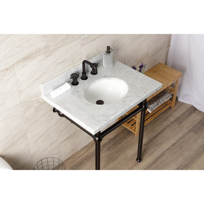Kingston Heirloom KVBH3022M85 - Templeton 30-Inch Carrara Marble Console Sink with Brass Legs (8-Inch, 3-Hole), Carrara Marble White/Oil Rubbed Bronze