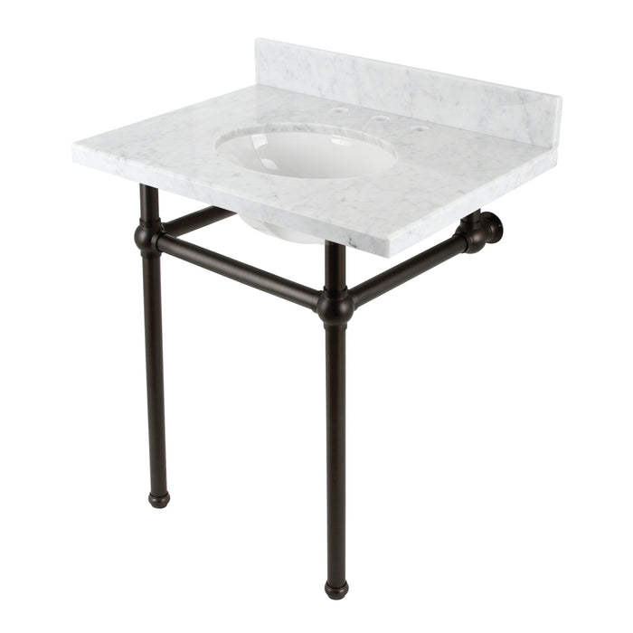 Kingston Heirloom KVBH3022M85 - Templeton 30-Inch Carrara Marble Console Sink with Brass Legs (8-Inch, 3-Hole), Carrara Marble White/Oil Rubbed Bronze