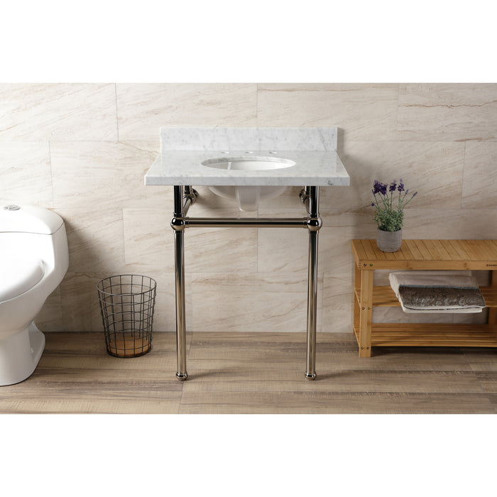 Kingston Heirloom KVBH3022M86 - Templeton 30-Inch Carrara Marble Console Sink with Brass Legs (8-Inch, 3-Hole), Carrara Marble White/Polished Nickel