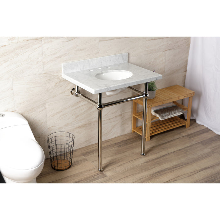 Kingston Heirloom KVBH3022M86 - Templeton 30-Inch Carrara Marble Console Sink with Brass Legs (8-Inch, 3-Hole), Carrara Marble White/Polished Nickel