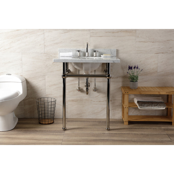 Kingston Heirloom KVBH3022M86 - Templeton 30-Inch Carrara Marble Console Sink with Brass Legs (8-Inch, 3-Hole), Carrara Marble White/Polished Nickel