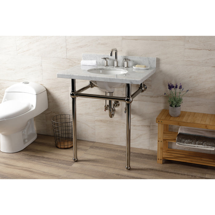 Kingston Heirloom KVBH3022M86 - Templeton 30-Inch Carrara Marble Console Sink with Brass Legs (8-Inch, 3-Hole), Carrara Marble White/Polished Nickel