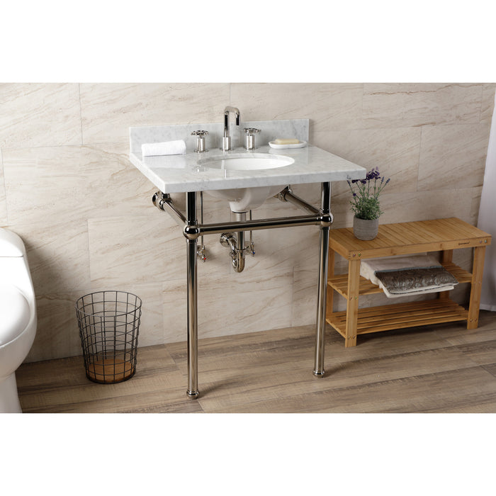 Kingston Heirloom KVBH3022M86 - Templeton 30-Inch Carrara Marble Console Sink with Brass Legs (8-Inch, 3-Hole), Carrara Marble White/Polished Nickel