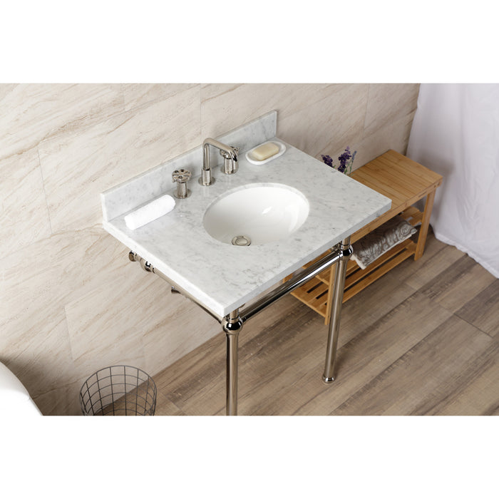 Kingston Heirloom KVBH3022M86 - Templeton 30-Inch Carrara Marble Console Sink with Brass Legs (8-Inch, 3-Hole), Carrara Marble White/Polished Nickel
