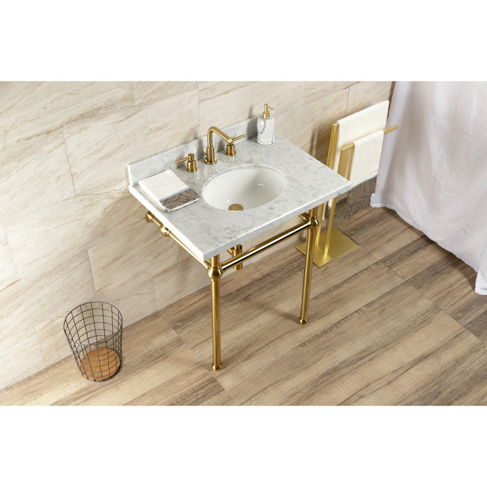 Kingston Heirloom KVBH3022M87 - Templeton 30-Inch Carrara Marble Console Sink with Brass Legs (8-Inch, 3-Hole), Carrara Marble White/Brushed Brass