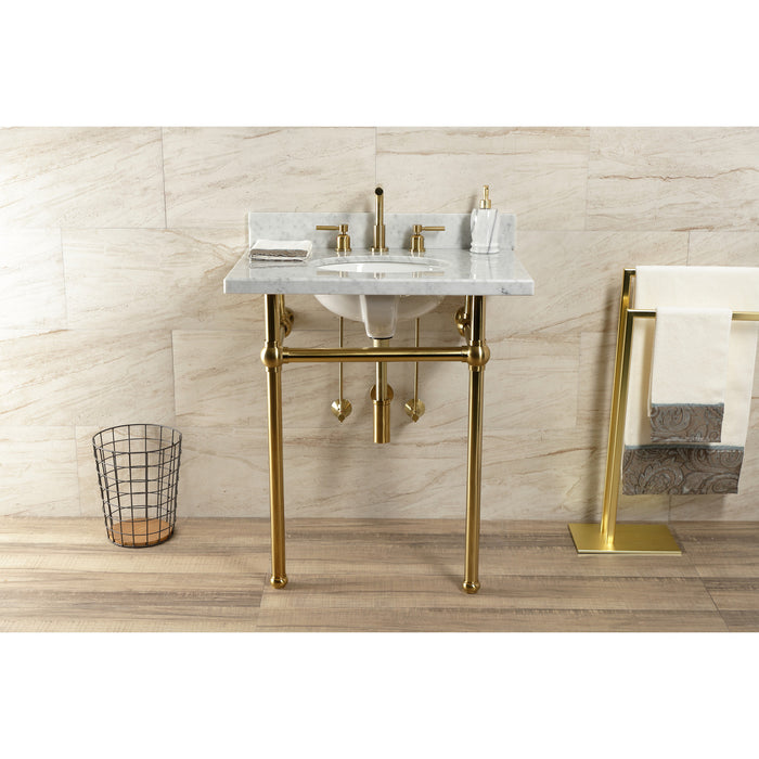 Kingston Heirloom KVBH3022M87 - Templeton 30-Inch Carrara Marble Console Sink with Brass Legs (8-Inch, 3-Hole), Carrara Marble White/Brushed Brass