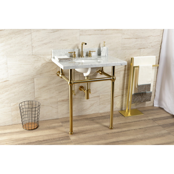 Kingston Heirloom KVBH3022M87 - Templeton 30-Inch Carrara Marble Console Sink with Brass Legs (8-Inch, 3-Hole), Carrara Marble White/Brushed Brass