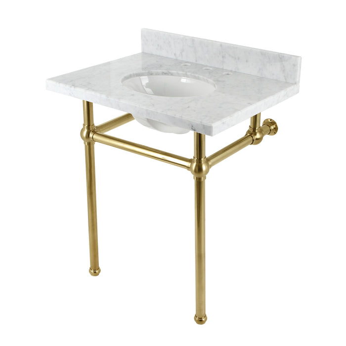 Kingston Heirloom KVBH3022M87 - Templeton 30-Inch Carrara Marble Console Sink with Brass Legs (8-Inch, 3-Hole), Carrara Marble White/Brushed Brass