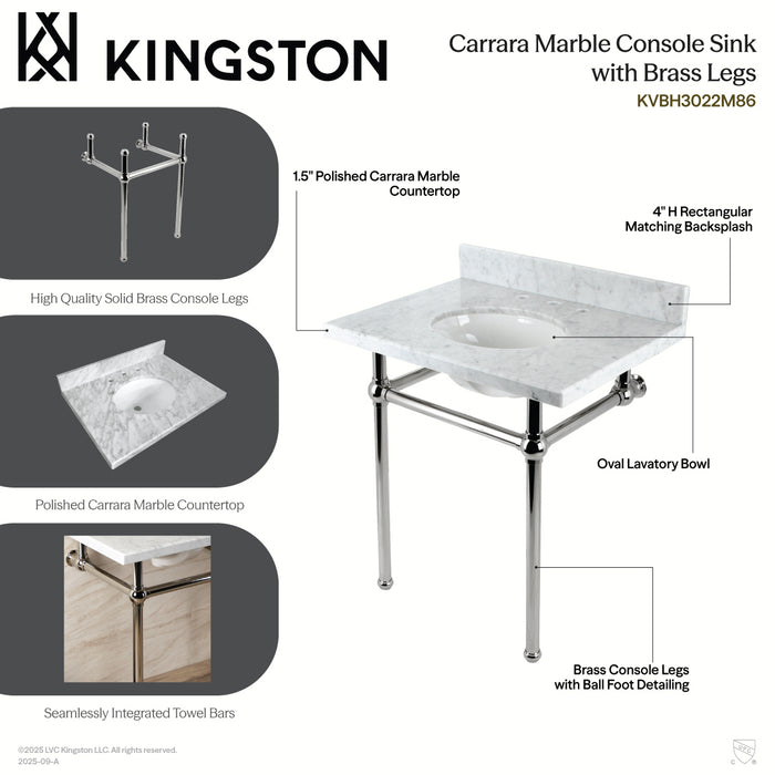 Kingston Heirloom KVBH3022M88 - Templeton 30-Inch Carrara Marble Console Sink with Brass Legs (8-Inch, 3-Hole), Carrara Marble White/Brushed Nickel