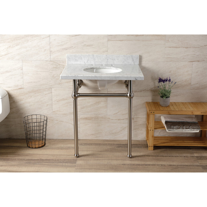 Kingston Heirloom KVBH3022M88 - Templeton 30-Inch Carrara Marble Console Sink with Brass Legs (8-Inch, 3-Hole), Carrara Marble White/Brushed Nickel