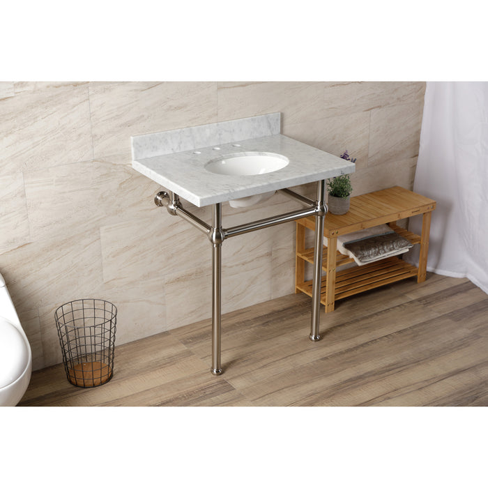 Kingston Heirloom KVBH3022M88 - Templeton 30-Inch Carrara Marble Console Sink with Brass Legs (8-Inch, 3-Hole), Carrara Marble White/Brushed Nickel